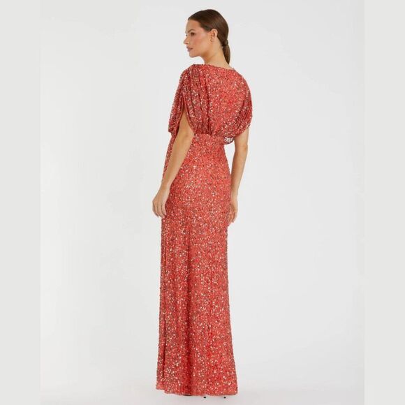 Mac Duggal 5640 Size 10 Coral Orange Sequin Draped Sleeve V-Neck Gown Maxi Dress - Picture 4 of 5